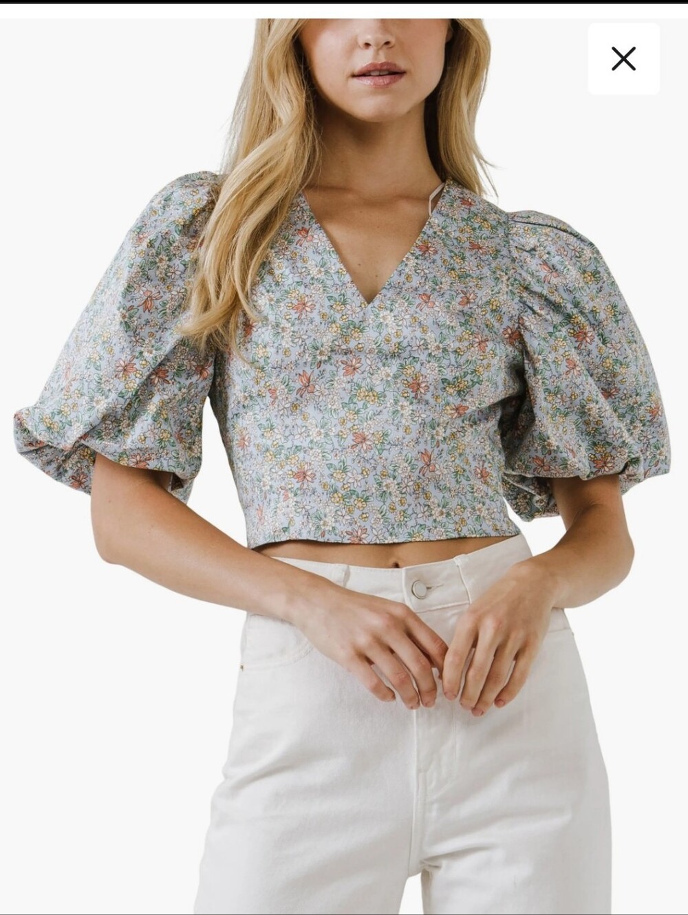 Endless Rose Light Blue Floral Puff-Sleeve Crop Top